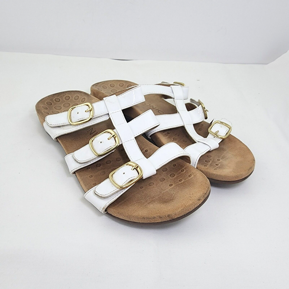 VIONIC MISA Used White PVC/Faux Patent leather adjustable straps slide Sandals